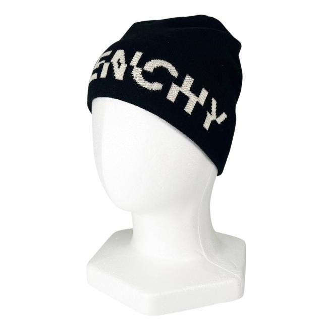 未使用品▲GIVENCHY ジバンシィ ウール100％ ロゴデザイン ニットキャップ ビーニー 帽子 ブラック ホワイト イタリア製 正規品 メンズ 15,840円