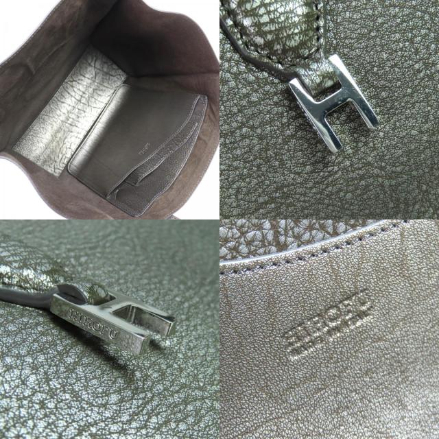 美品△HIROFU ヒロフ ヌーヴォラ レザー ロゴ金具 シュリンク加工 レザー トートバッグ ダークグレー イタリア製 レディース 保存袋付き_8
