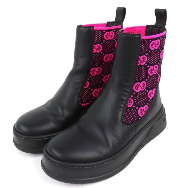 美品△GUCCI グッチ 718718 ロゴタイプ GGプルオーバー 側面ゴア アンクルブーツ 遊撃手ブーツ 黒いこと さくら色 35.5 伊製 箱・保護すること袋付き添い人