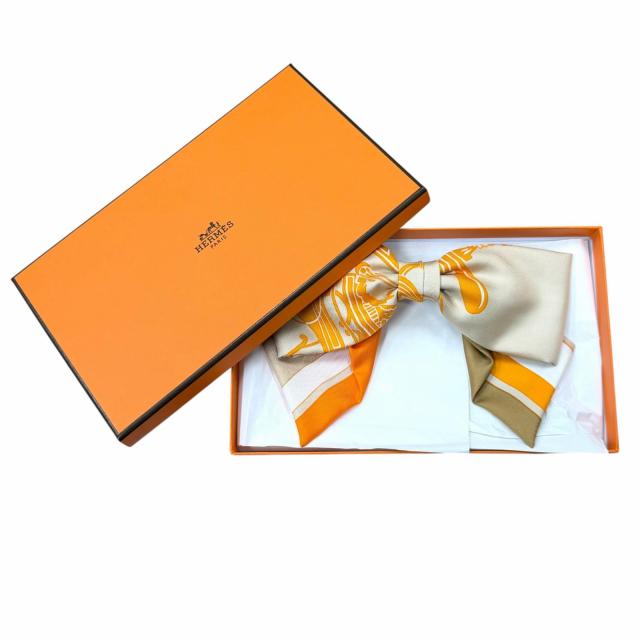 未使用品★HERMES エルメス シルク100％ グルネル エクスリブリス バレッタ リボン ベージュ オレンジ イタリア製 レディース 箱付き_1
