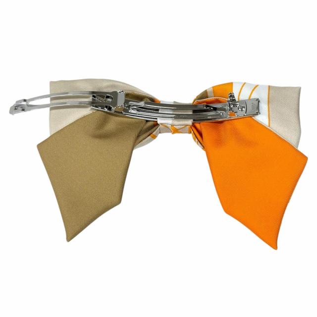 未使用品★HERMES エルメス シルク100％ グルネル エクスリブリス バレッタ リボン ベージュ オレンジ イタリア製 レディース 箱付き_4