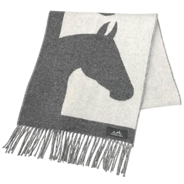 美品★HERMES エルメス ラブストーリー カシミヤ100％ フリンジ付き マフラー ストール グレー オフホワイト 英国製 レディース