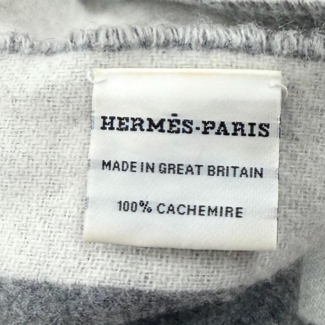 美品★HERMES エルメス ラブストーリー カシミヤ100％ フリンジ付き マフラー ストール グレー オフホワイト 英国製 レディース_6