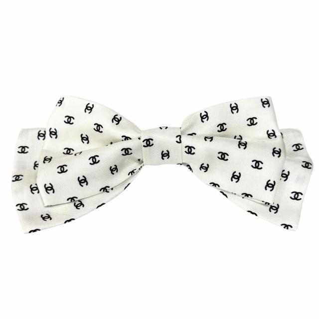 未使用品★CHANEL シャネル 25P ココマーク 総柄 リボン バレッタ ヘアアクセサリー ホワイト ブラック イタリア製 レディース