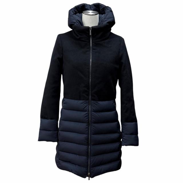 極美品★MOORER ムーレー ANGELE-LE バージンウール カシミヤ混 フード・ロゴZIP付 切替デザイン ダウンコート 紺 黒 36 ハンガー付