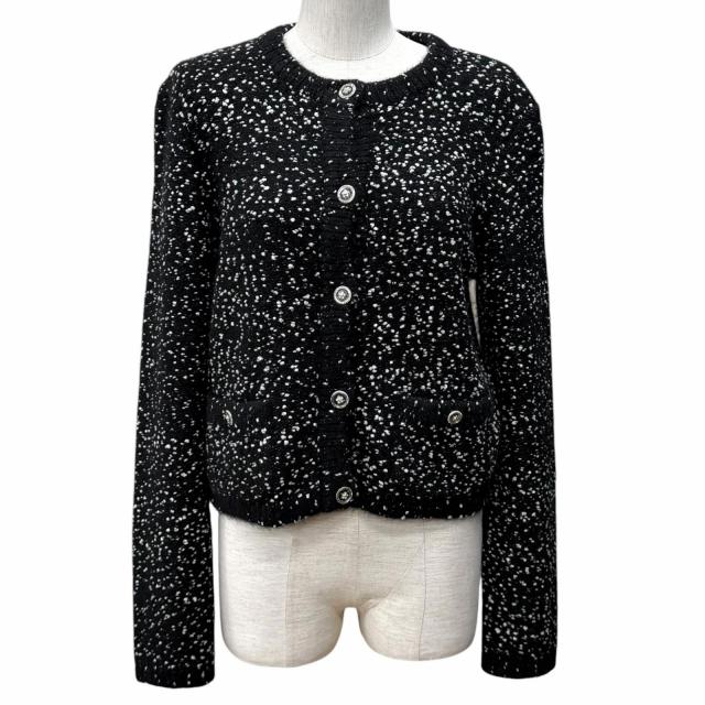 極美品★CHANEL シャネル P76171K10976 カシミヤ シルク混 ココマークボタン ラインストーン ニット カーディガン 黒 白 38 正規品