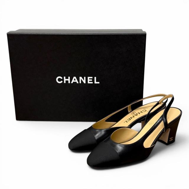 極美品★CHANEL シャネル G31318 ココマーク金具付 スリングバック ストラップ レザー パンプス ブラック 35.5 イタリア製 箱付き_1