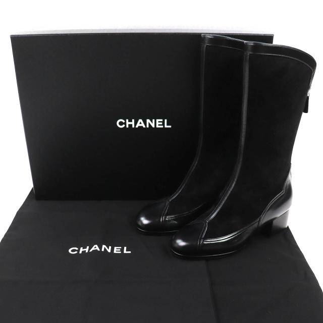 未使用品△CHANEL シャネル 25A G46591 ココマーク バックジップ スウェードレザー ロングブーツ ブラック 36 イタリア製 箱・保存袋付き_1