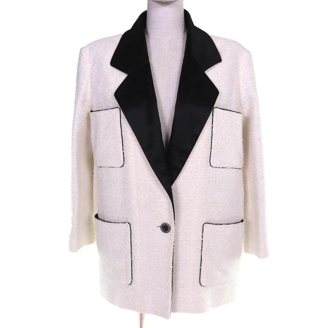極美品△CHANEL シャネル P72420V63388 22P ライオンココボタン サテンカラー ツイード ジャケット アイボリー ブラック 34 仏製 正規品
