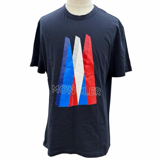美品▼MONCLER モンクレール 21SS F20918C78410 ロゴプリント クルーネック ショートスリーブ 半袖Ｔシャツ ネイビー L 正規品 メンズ