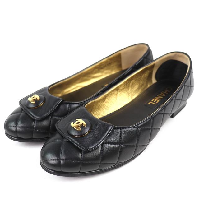 美品△CHANEL シャネル 23A G45047 バレリーナ ココマーク マトラッセ レザー フラットシューズ パンプス 黒 38 レディース 箱袋付き 66,550円