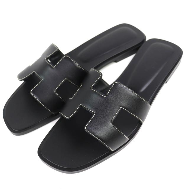 未使用品△HERMES エルメス H021056Z オラン ボックスカーフ Hモチーフ フラット サンダル ミュール ブラック 38.5 伊製 レディース 60,500円