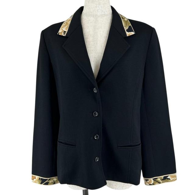 極美品▲LEONARD FASHION レオナール ファッション ウール100％ 花柄 シングル テーラードジャケット ブラック 13 正規品 レディース