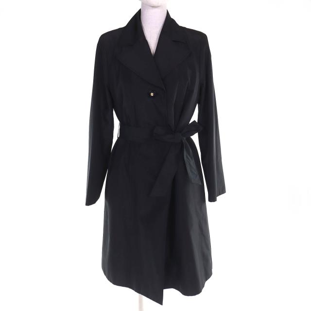 美品△LEONARD FASHION レオナール ファッション 0328151 シルク混 ロゴボタン 総柄ライナー・ベルト付 ロングコート ブラック 38 正規品