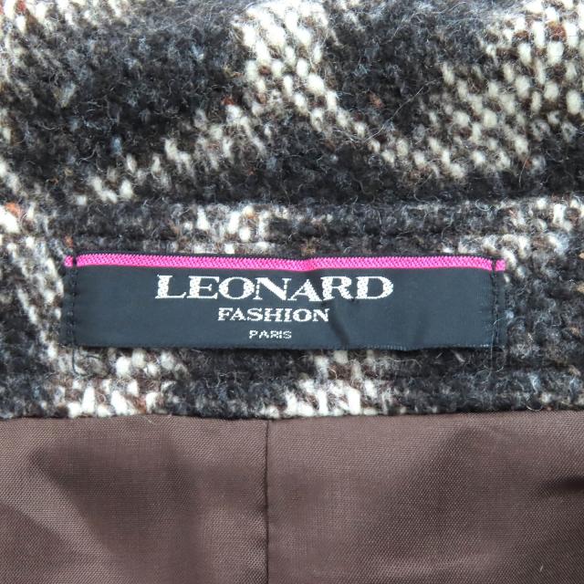 美品△LEONARD FASHION レオナール ファッション 0348300 ロゴボタン 総柄デザイン ウール ダブル ハーフコート ブラウン 38 正規品_6