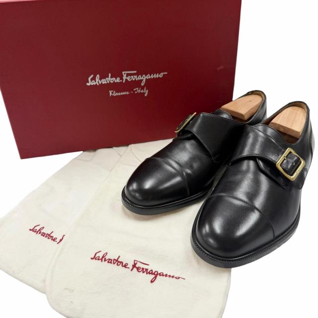 極美品□Salvatore Ferragamo サルヴァトーレフェラガモ レザー キャップトゥ シングルモンクストラップ ドレスシューズ 7 EE イタリア製_1