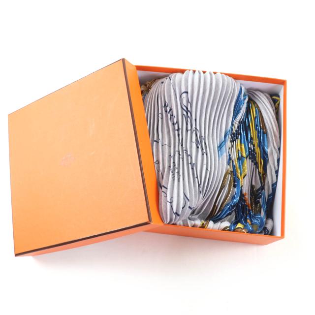 極美品☆HERMES エルメス カレジェアン プリーツ BRIDES de GALA 式典用馬勒 カシミヤ シルク スカーフ ブルー系 フランス製 レディース_1