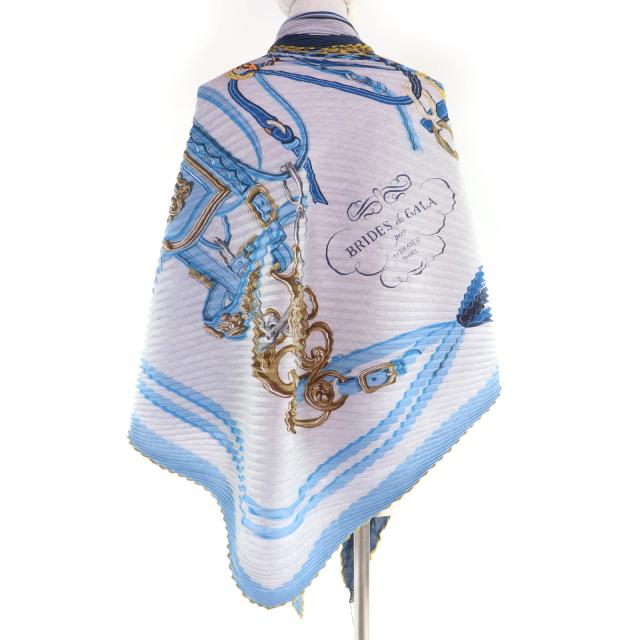 極美品☆HERMES エルメス カレジェアン プリーツ BRIDES de GALA 式典用馬勒 カシミヤ シルク スカーフ ブルー系 フランス製 レディース_4