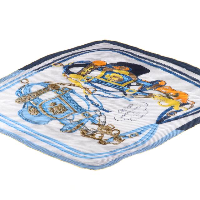 極美品☆HERMES エルメス カレジェアン プリーツ BRIDES de GALA 式典用馬勒 カシミヤ シルク スカーフ ブルー系 フランス製 レディース_5