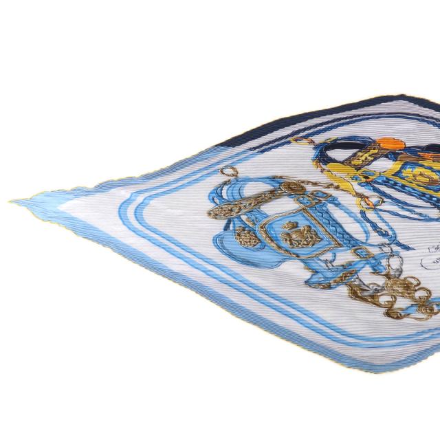 極美品☆HERMES エルメス カレジェアン プリーツ BRIDES de GALA 式典用馬勒 カシミヤ シルク スカーフ ブルー系 フランス製 レディース_6