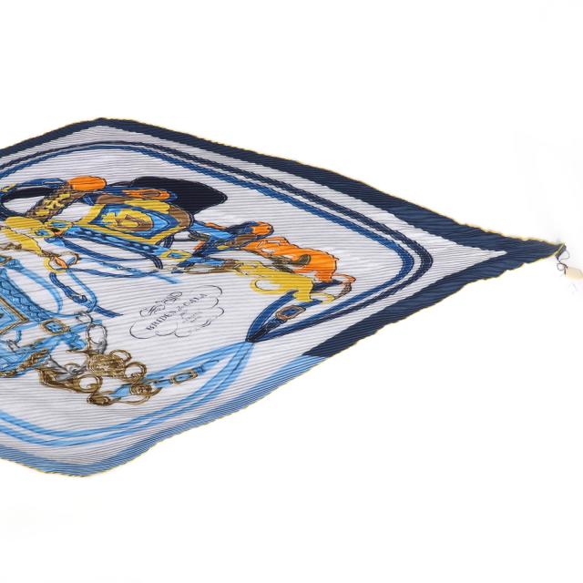極美品☆HERMES エルメス カレジェアン プリーツ BRIDES de GALA 式典用馬勒 カシミヤ シルク スカーフ ブルー系 フランス製 レディース_7