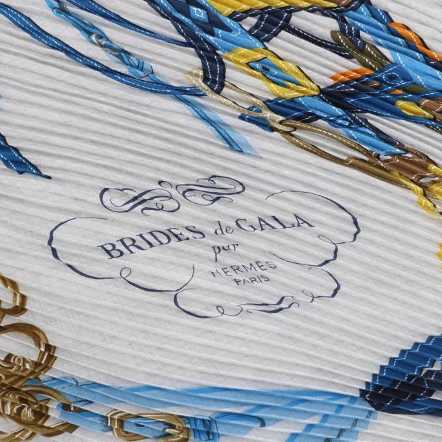 極美品☆HERMES エルメス カレジェアン プリーツ BRIDES de GALA 式典用馬勒 カシミヤ シルク スカーフ ブルー系 フランス製 レディース_8