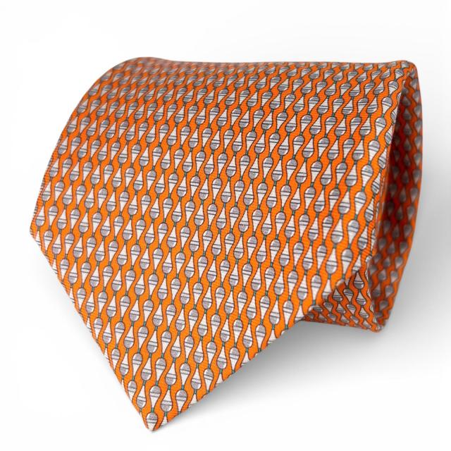 極美品▲HERMES エルメス 646153 UA シルク100％ 総柄 クラヴァット ネクタイ オレンジ 箱付き フランス製 メンズ