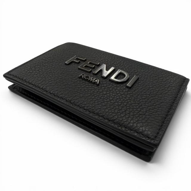 極美品□FENDI フェンディ レザー ロゴ金具 二つ折り 名刺入れ カード