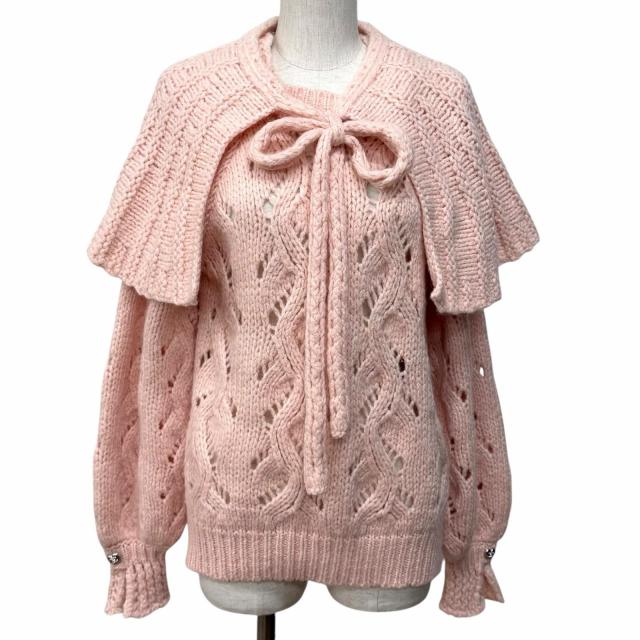 極美品★CHANEL シャネル 21B P71442 ウール アルパカ混 ケープ付 ラインストーンココマーク 鍵編み ニット ピンク 40 イタリア製