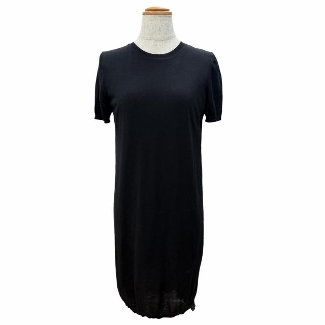 極美品△Christian Dior クリスチャンディオール 6C24641AM555 ウール100％ 総柄プリーツ切替 半袖 ニットワンピース ブラック 42 正規品