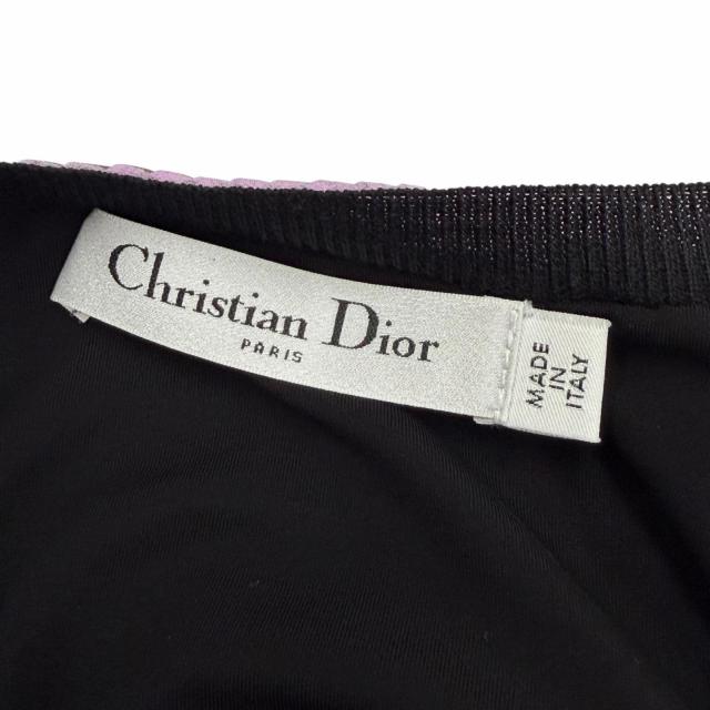 極美品△Christian Dior クリスチャンディオール 6C24641AM555 ウール100％ 総柄プリーツ切替 半袖 ニットワンピース ブラック 42 正規品_4