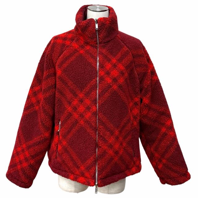 極美品★BURBERRY バーバリー 8077407 ウール混 リバーシブル チェック柄 ZIP UP ボア ジャケット レッド ボルドー 34 正規品 レディース