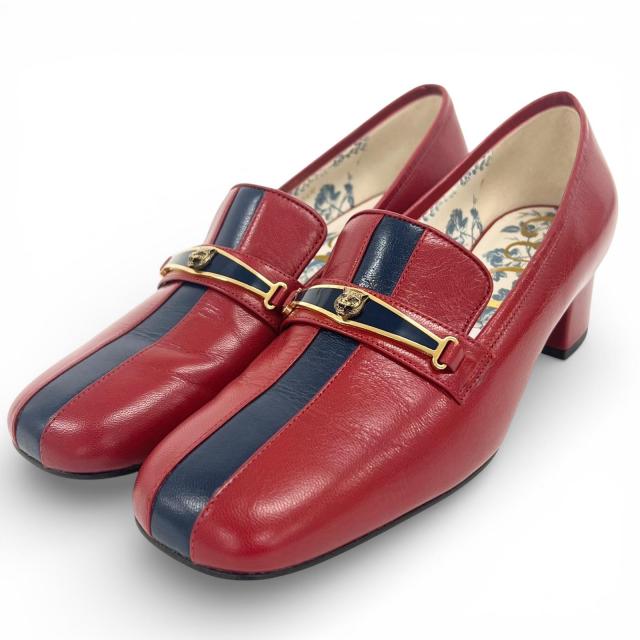 未使用品▲GUCCI グッチ 517109 キャットヘッド レザー パンプス ローファー レッド ネイビー 37.5 箱・保存袋付き イタリア製 レディース