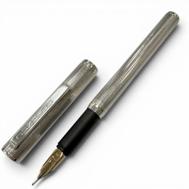 美品□Dunhill ダンヒル ヴィンテージ ペン先14K Fニブ バーレイ模様 キャップ式 万年筆ステーショナリー シルバー メンズ オススメ◎