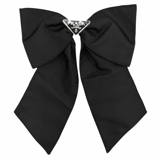 美品△PRADA プラダ 1IF163 トライアングルロゴ RE-NYLON リボン バレッタ ヘアクリップ ヘアアクセサリー 髪留め ブラック シルバー金具