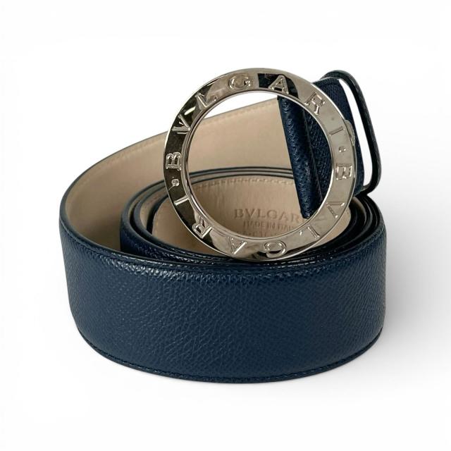 美品▲BVLGARI ブル小峡谷 39546 ブル小峡谷 ブル小峡谷 マン サークルロゴバックル なめし革 胴締め 米国海軍 しろがね色金具 44 イタリア製 メンズ