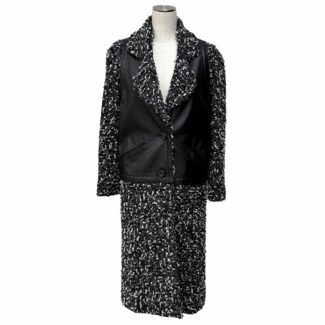 極美品★CHANEL シャネル P62088 アルパカ混 ウッドロゴボタン カーフスキン切替 リボンツイード コート ブラック ホワイト 34 伊製 正規品
