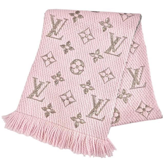 美品◇LOUIS VUITTON ルイヴィトン M70466 エシャルプ ロゴマニア シャイン ウール シルク混 マフラー ピンク ゴールド 伊製 正規品