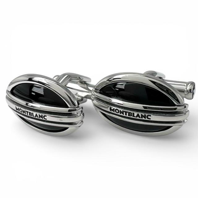 極美品▲MONTBLANC モンブラン オーバル ホワイトスター ロゴ刻印 カフスボタン カフリンクス シルバー ブラック ドイツ製 メンズ