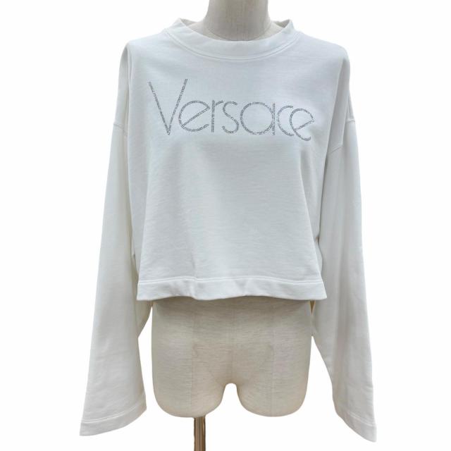 美品◇VERSACE ヴェルサーチ 2023年製 1015298 コットン100％ ロゴラインストーン クロップド スウェット ホワイト 38 正規品 レディース