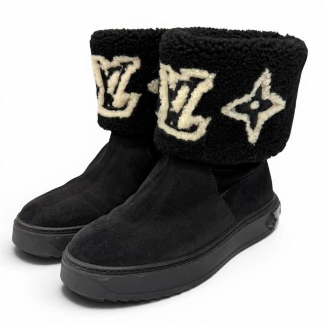 美品★LOUIS VUITTON ルイヴィトン 2022年製 スノードロップライン LVロゴタイプ 羊肉 ブーツ 黒いこと 35 イタリア製 レディース