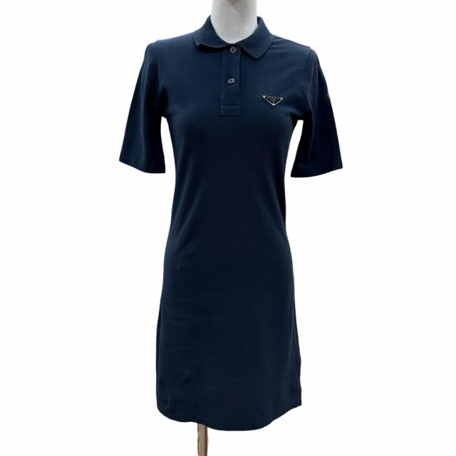 美品◇PRADA プラダ 24SS 33594 コットン100％ トライアングルロゴプレート付 ピケドレス ワンピース ネイビー 36 正規品 レディース
