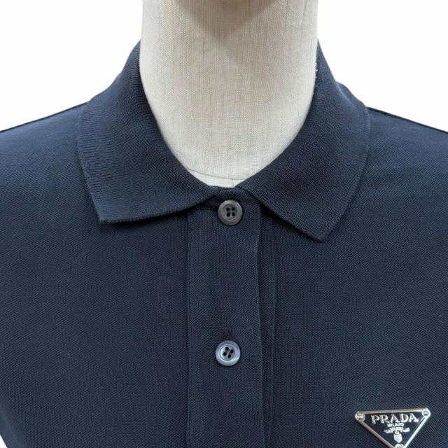 美品◇PRADA プラダ 24SS 33594 コットン100％ トライアングルロゴプレート付 ピケドレス ワンピース ネイビー 36 正規品 レディース