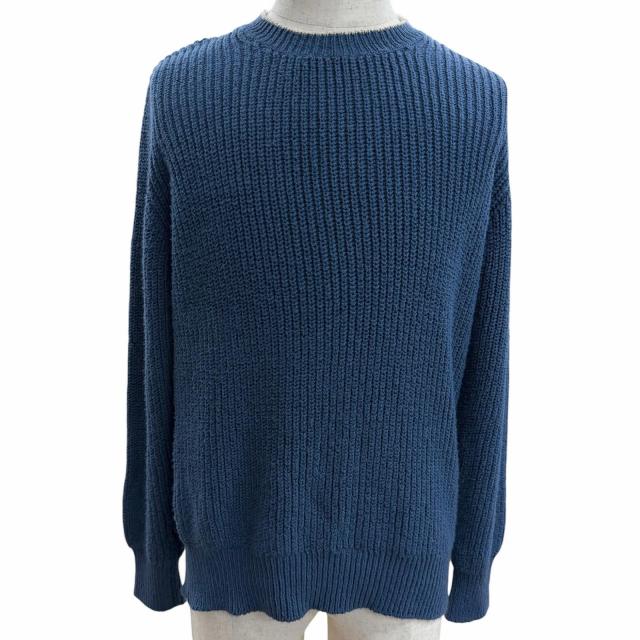 美品□Loro Piana ロロピアーナ コットン100％ クルーネック ロングスリーブニット セーター ブルー 48 イタリア製 正規品 メンズ