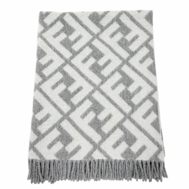 美品△FENDI フェンディ 7AC234 アルパカ ウール混 FFロゴ総柄 フリンジ ブランケット ひざ掛け グレー 140×180cm イタリア製 正規品