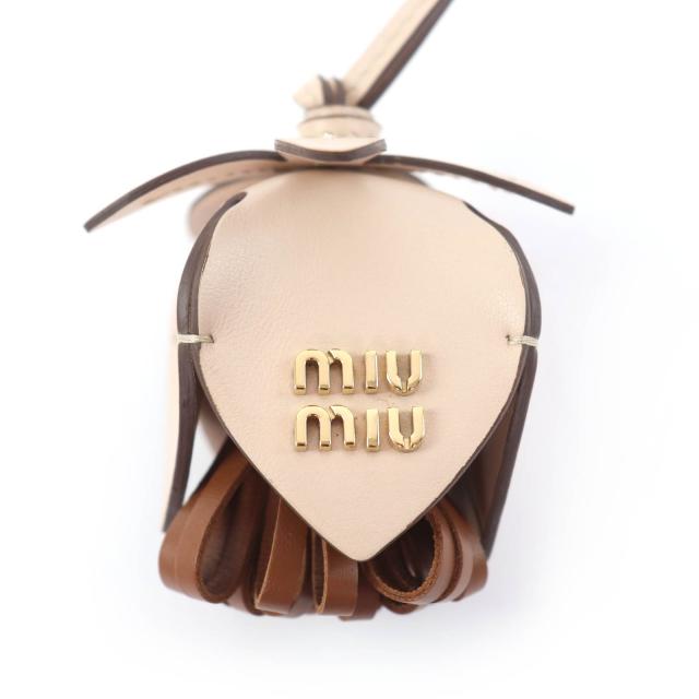 未使用品☆MIUMIU ミュウミュウ 5TL498 レザー トリック チャーム ロゴ金具 バッグチャーム ベージュ ブラウン レディース_3