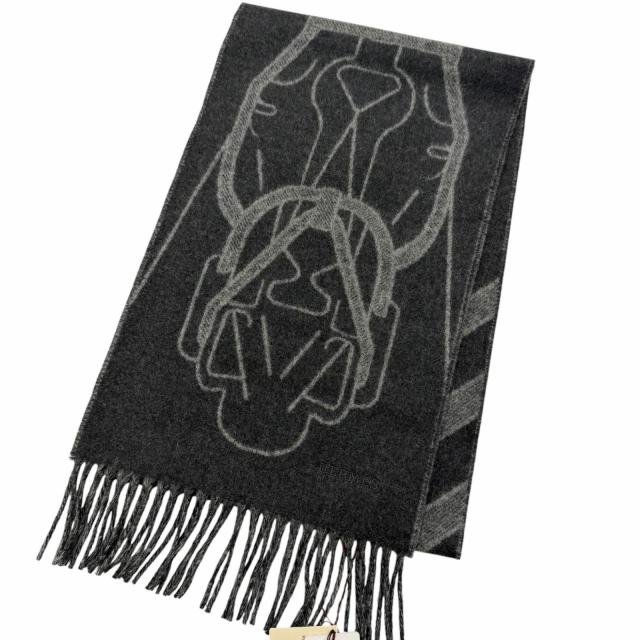 未使用品□HERMES エルメス テット・ア・テット・エケストル カシミヤ100％ ホース フリンジマフラー チャコールグレー 英国製 箱付き