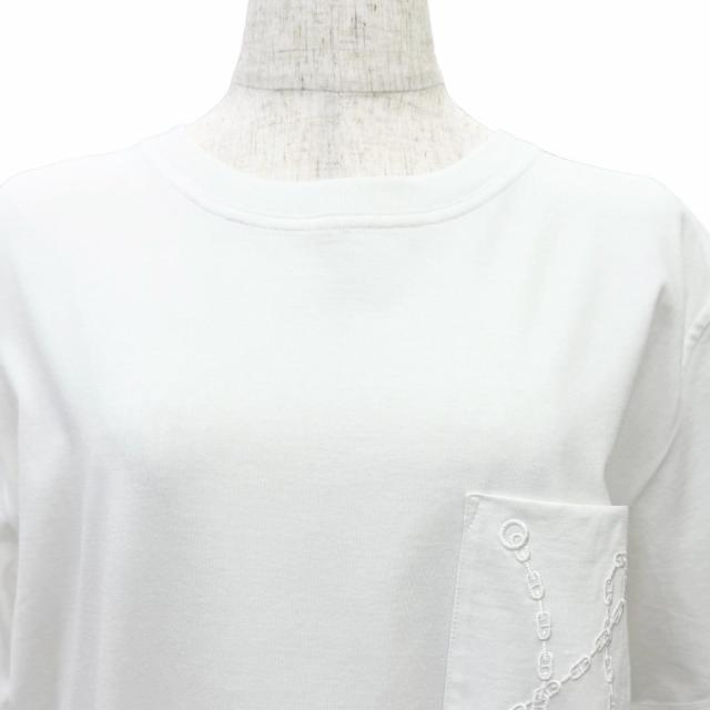 美品△HERMES エルメス 20SS コットン100％ シェーヌダンクル刺繍 クルーネック 半袖 ワンピース ホワイト 38 仏製 正規品 レディース_3