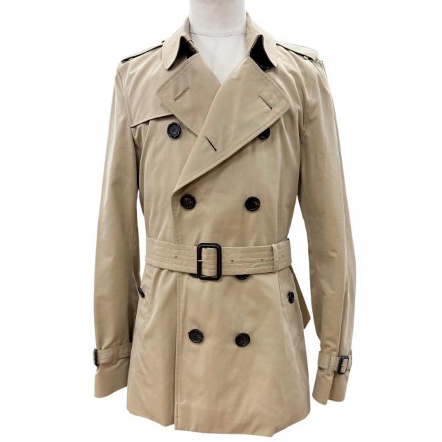 美品▼BURBERRY バーバリー THE KENSINGTON 裏地ノバチェック柄 ロゴ入りボタン レザー使い トレンチコート ベージュ 48 UK製 メンズ