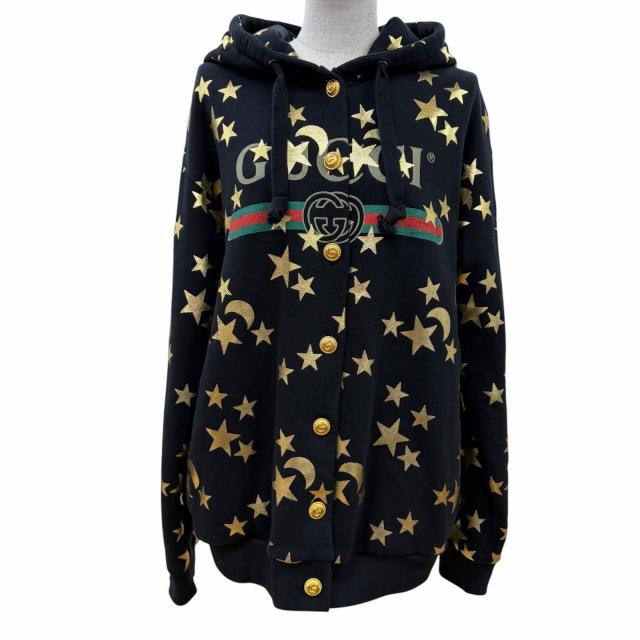 美品☆GUCCI グッチ 581186 コットン ヴィンテージ加工 GGボタンシェリーライン・スター ロゴ フード付 パーカー ブラック M 正規品